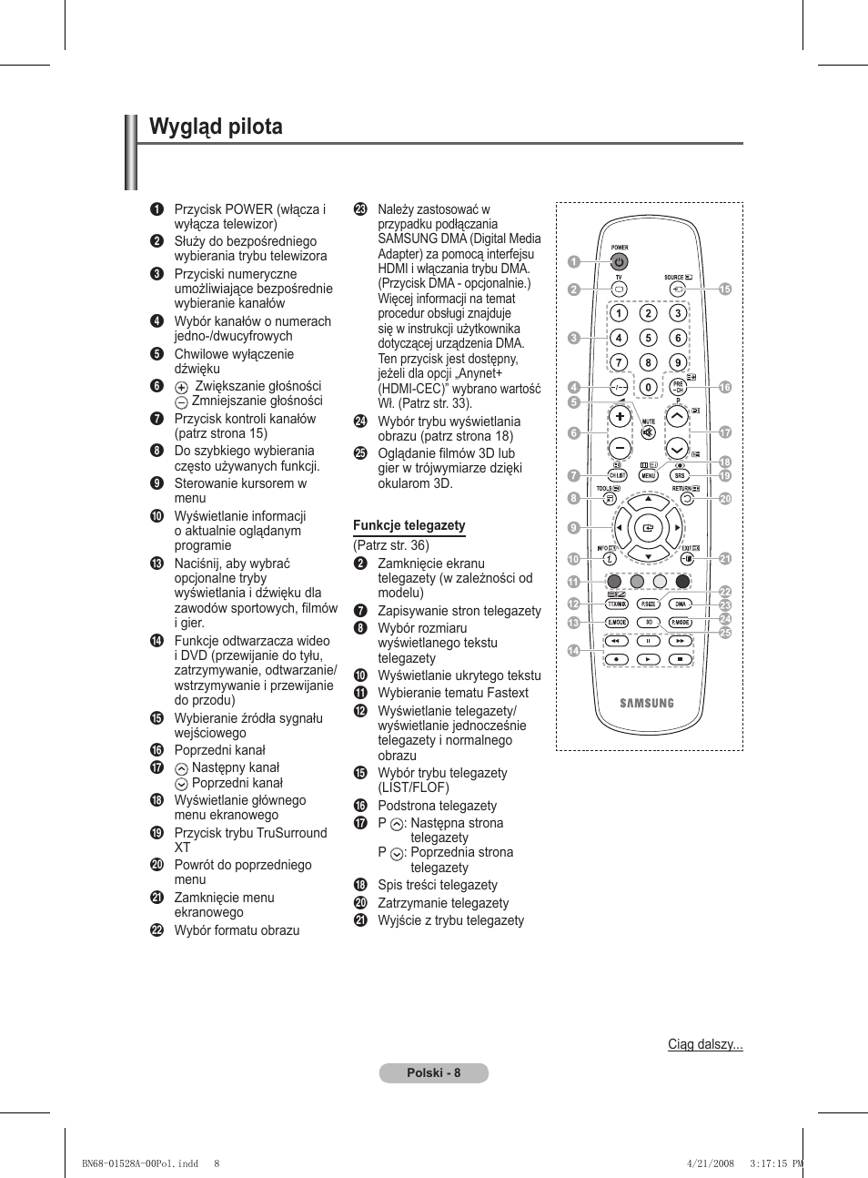 Wygląd pilota | Samsung PS50A470P1 User Manual | Page 354 / 519