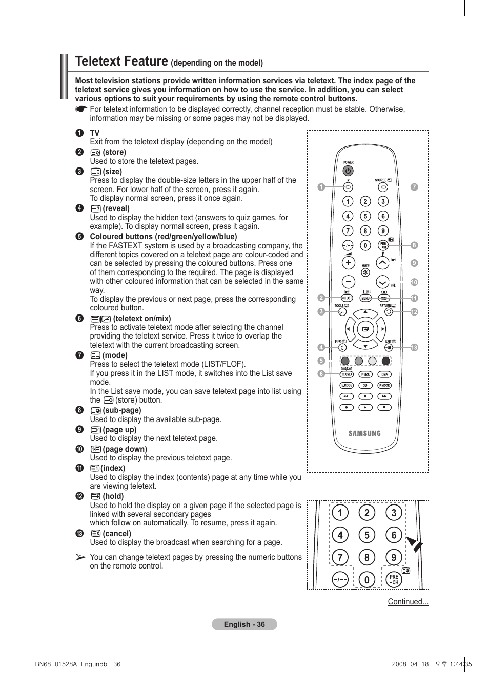 Teletext feature (depending on the model), Teletext feature | Samsung PS50A470P1 User Manual | Page 36 / 519