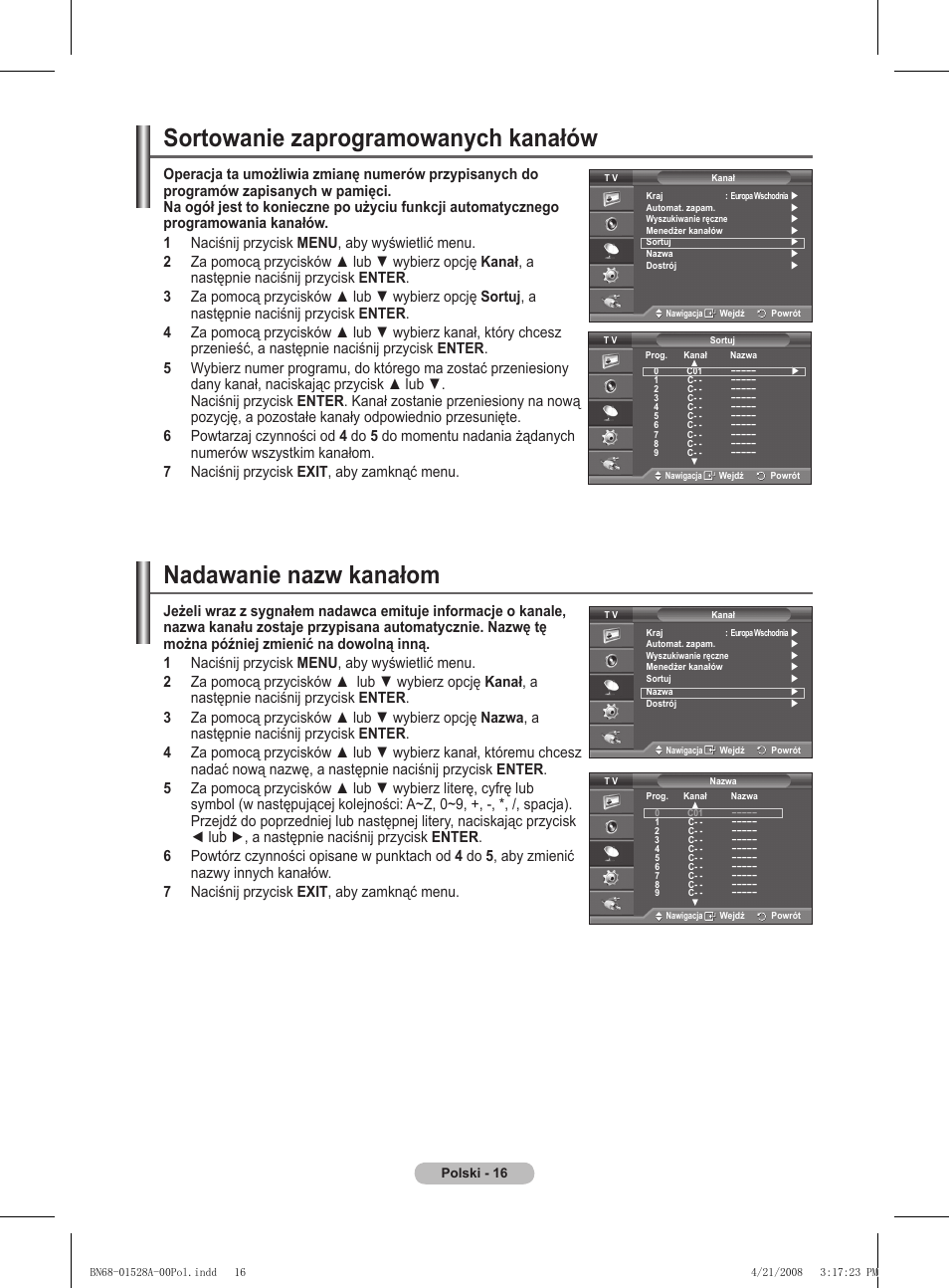 Sortowanie zaprogramowanych kanałów, Nadawanie nazw kanałom | Samsung PS50A470P1 User Manual | Page 362 / 519