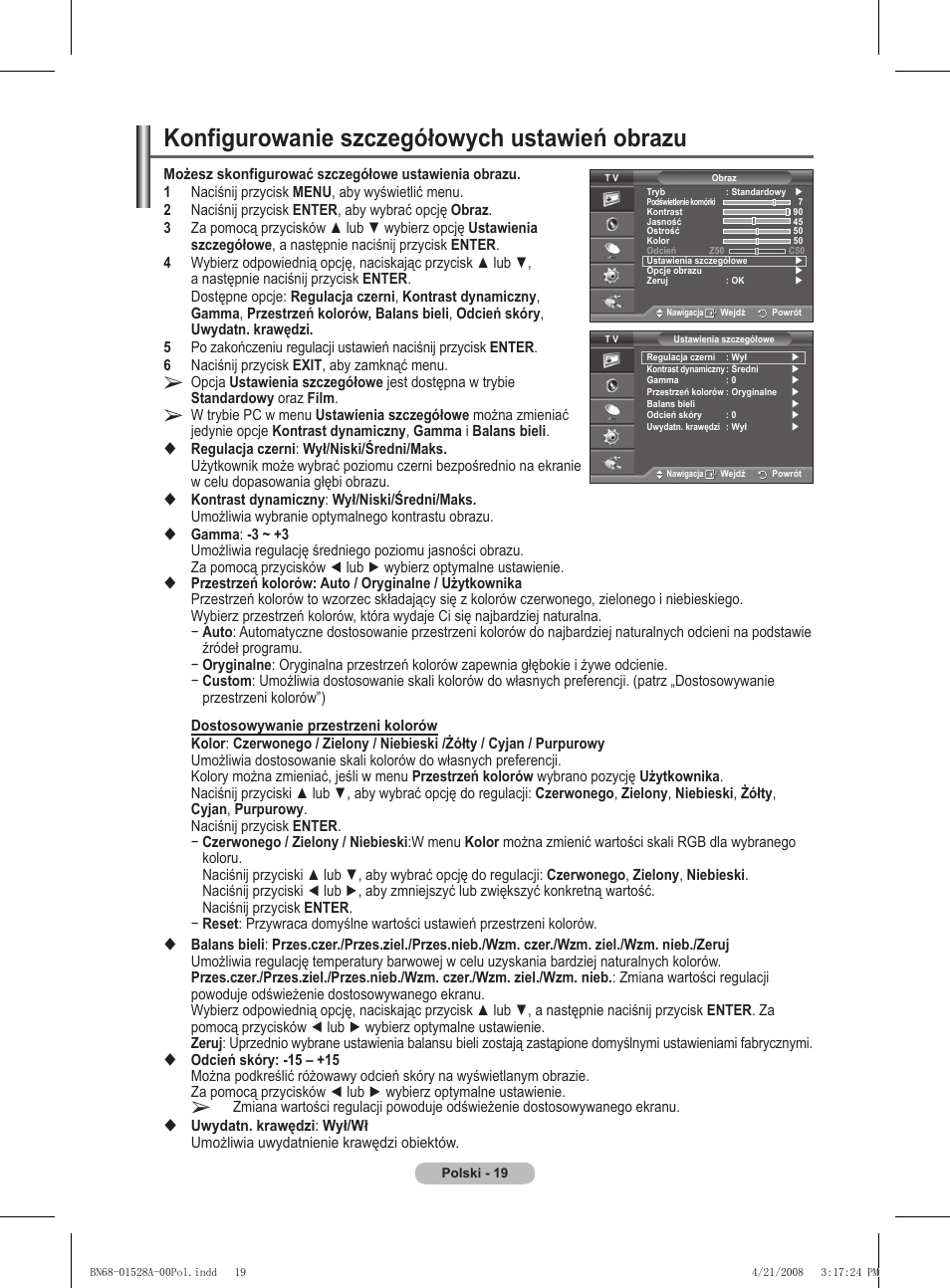 Konfigurowanie szczegółowych ustawień obrazu | Samsung PS50A470P1 User Manual | Page 365 / 519