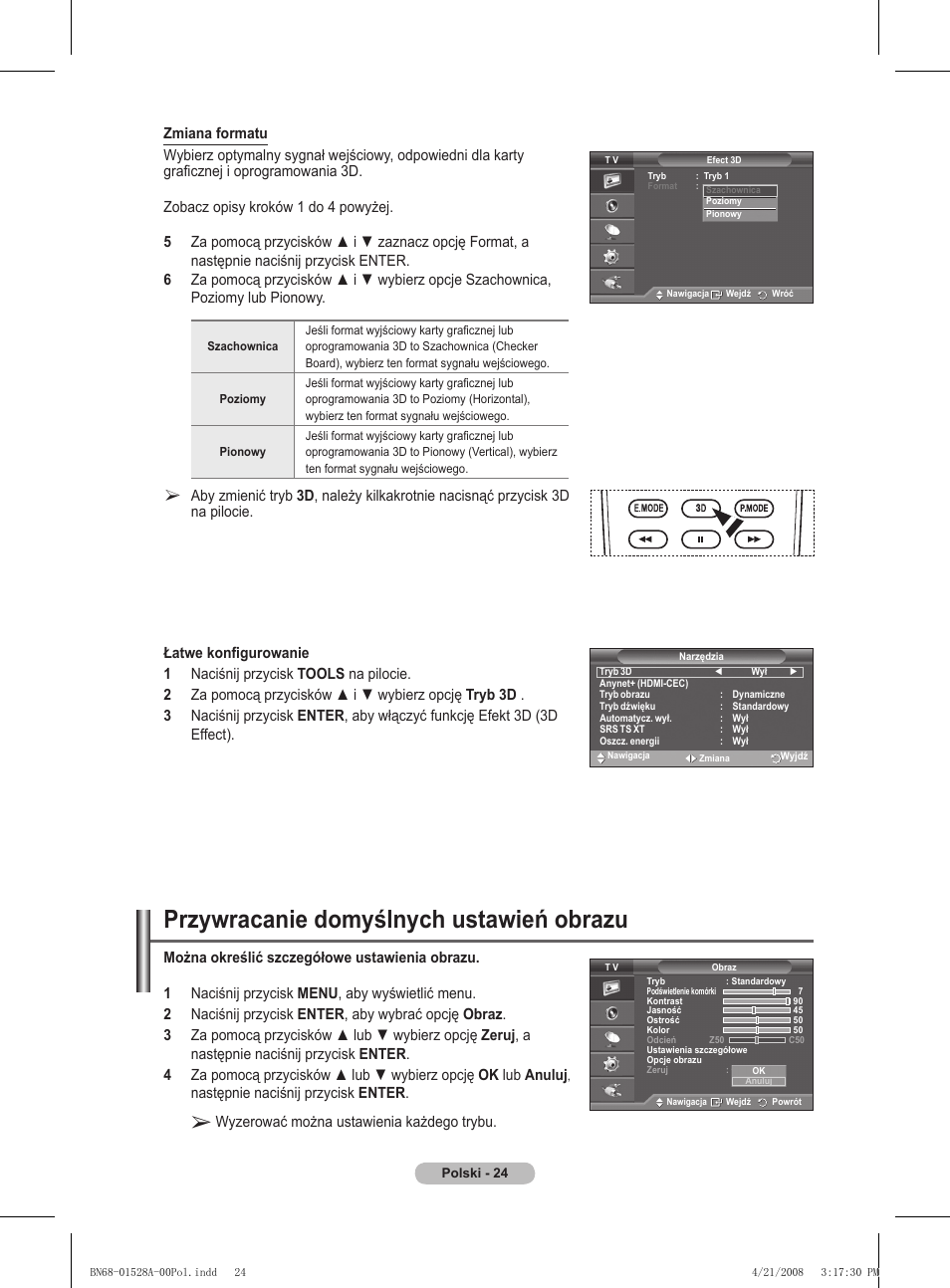 Przywracanie domyślnych ustawień obrazu, Wyzerować można ustawienia każdego trybu | Samsung PS50A470P1 User Manual | Page 370 / 519