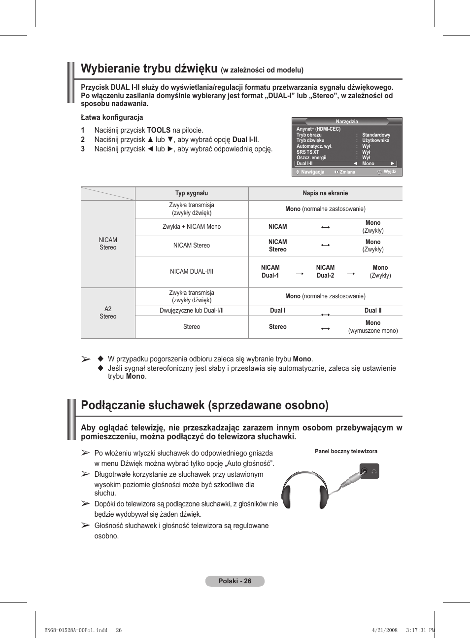 Wybieranie trybu dźwięku, Podłączanie słuchawek (sprzedawane osobno) | Samsung PS50A470P1 User Manual | Page 372 / 519
