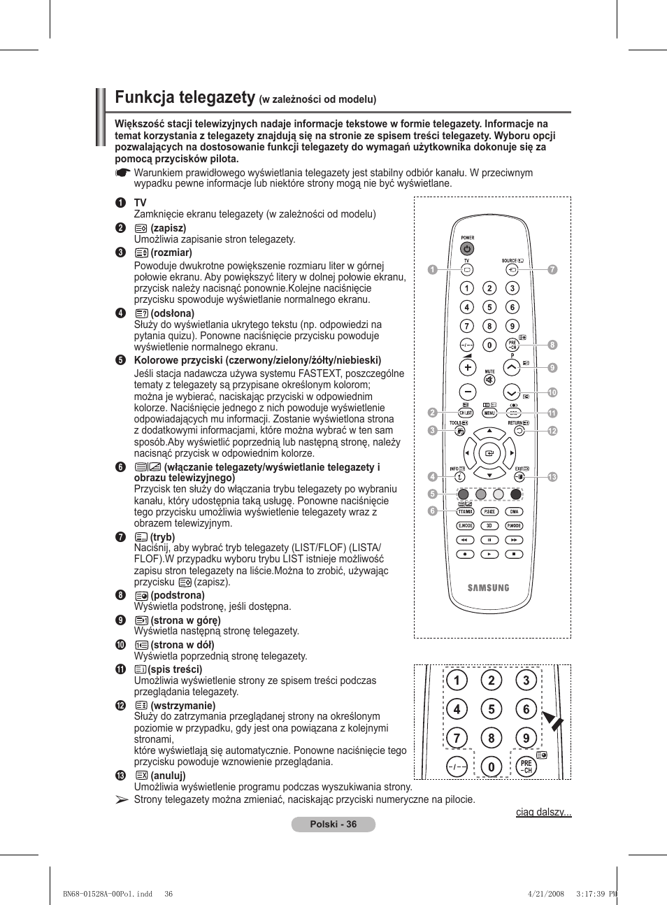 Funkcja telegazety | Samsung PS50A470P1 User Manual | Page 382 / 519