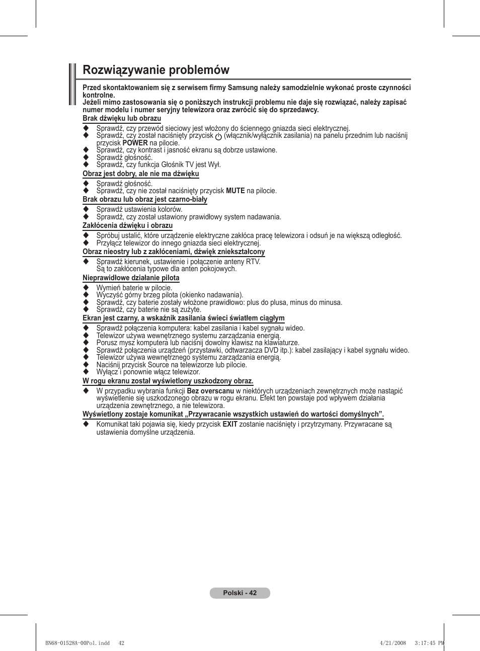 Rozwiązywanie problemów | Samsung PS50A470P1 User Manual | Page 388 / 519
