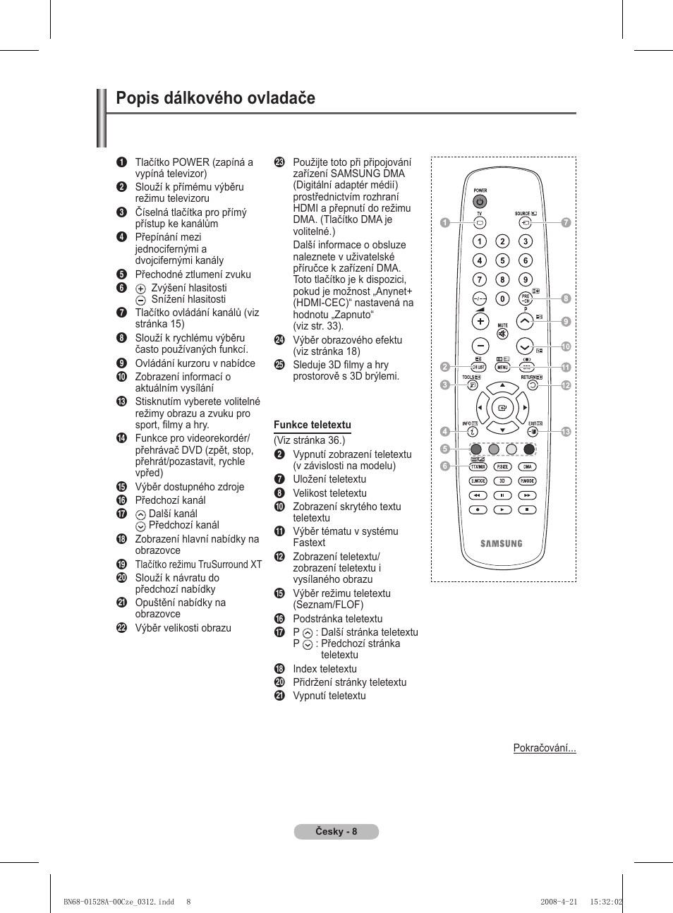 Popis dálkového ovladače | Samsung PS50A470P1 User Manual | Page 397 / 519