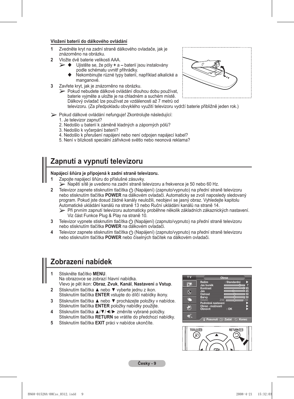 Zobrazení nabídek, Zapnutí a vypnutí televizoru | Samsung PS50A470P1 User Manual | Page 398 / 519