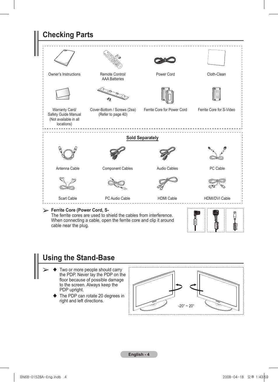 Checking parts, Using the stand-base | Samsung PS50A470P1 User Manual | Page 4 / 519