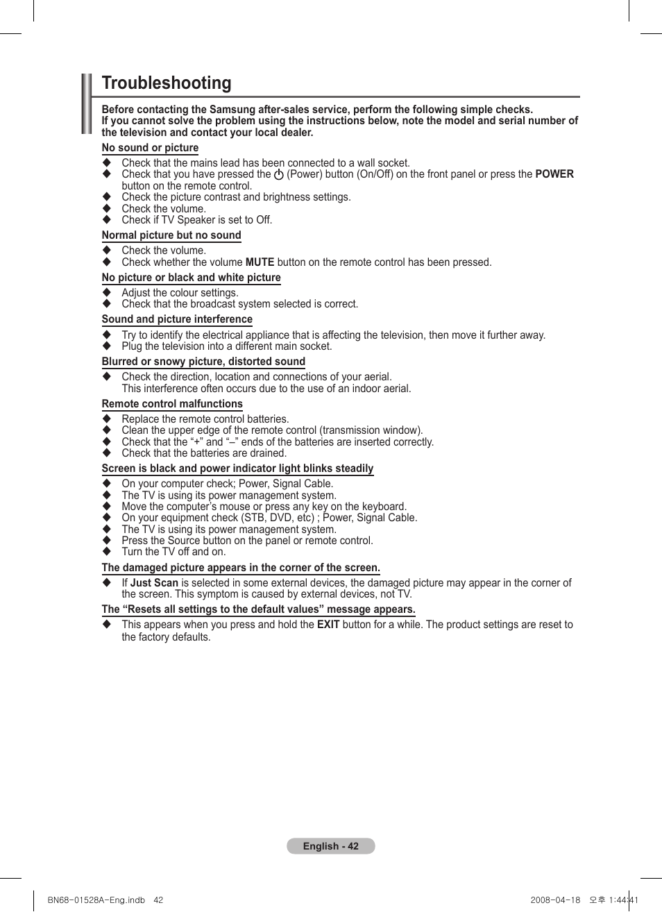 Troubleshooting | Samsung PS50A470P1 User Manual | Page 42 / 519