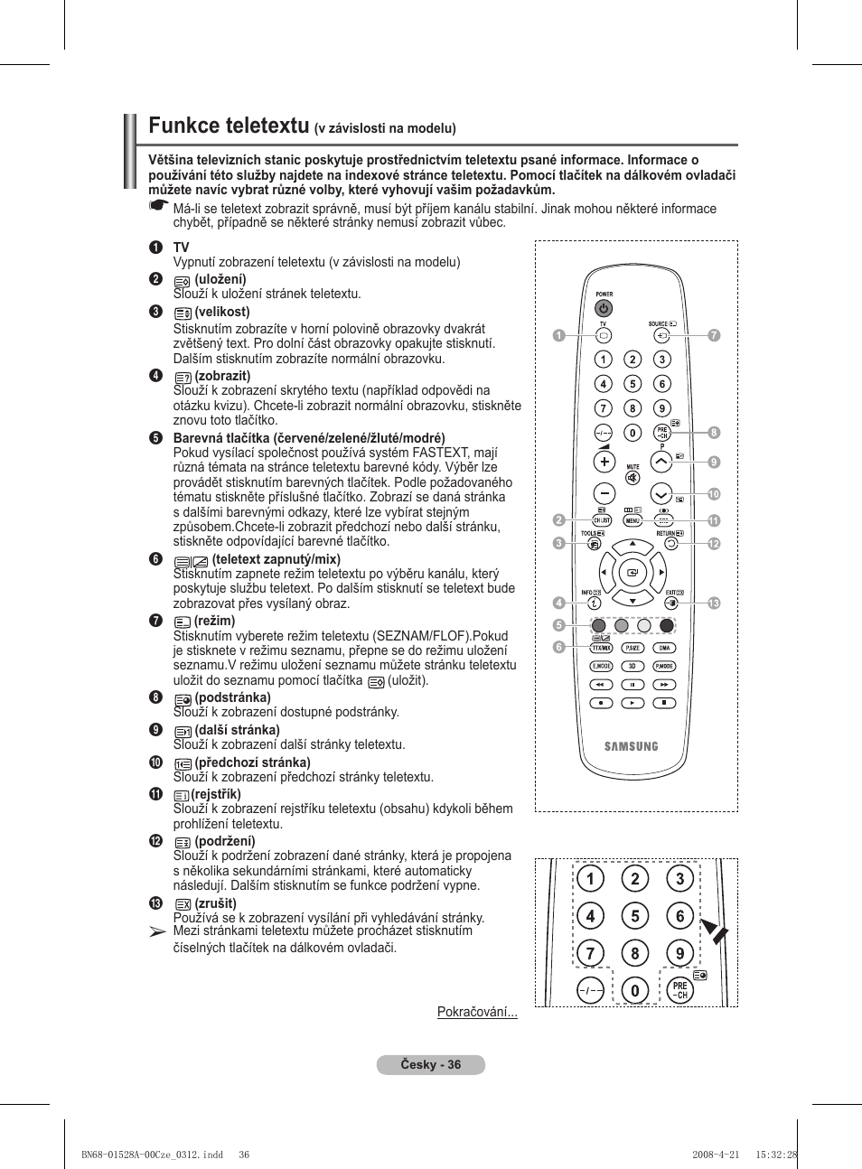 Funkce teletextu | Samsung PS50A470P1 User Manual | Page 425 / 519