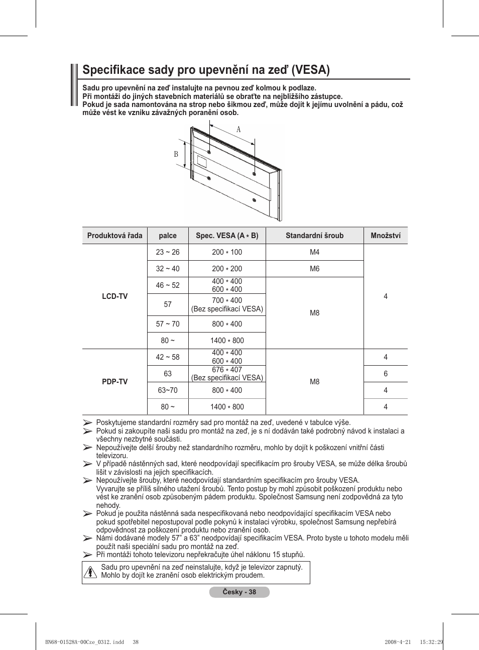 Specifikace sady pro upevnění na zeď (vesa) | Samsung PS50A470P1 User Manual | Page 427 / 519