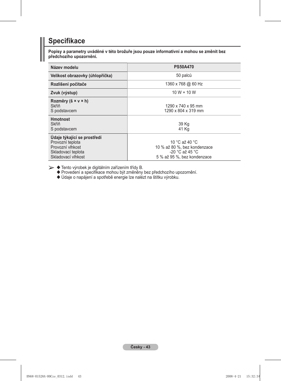 Specifikace | Samsung PS50A470P1 User Manual | Page 432 / 519