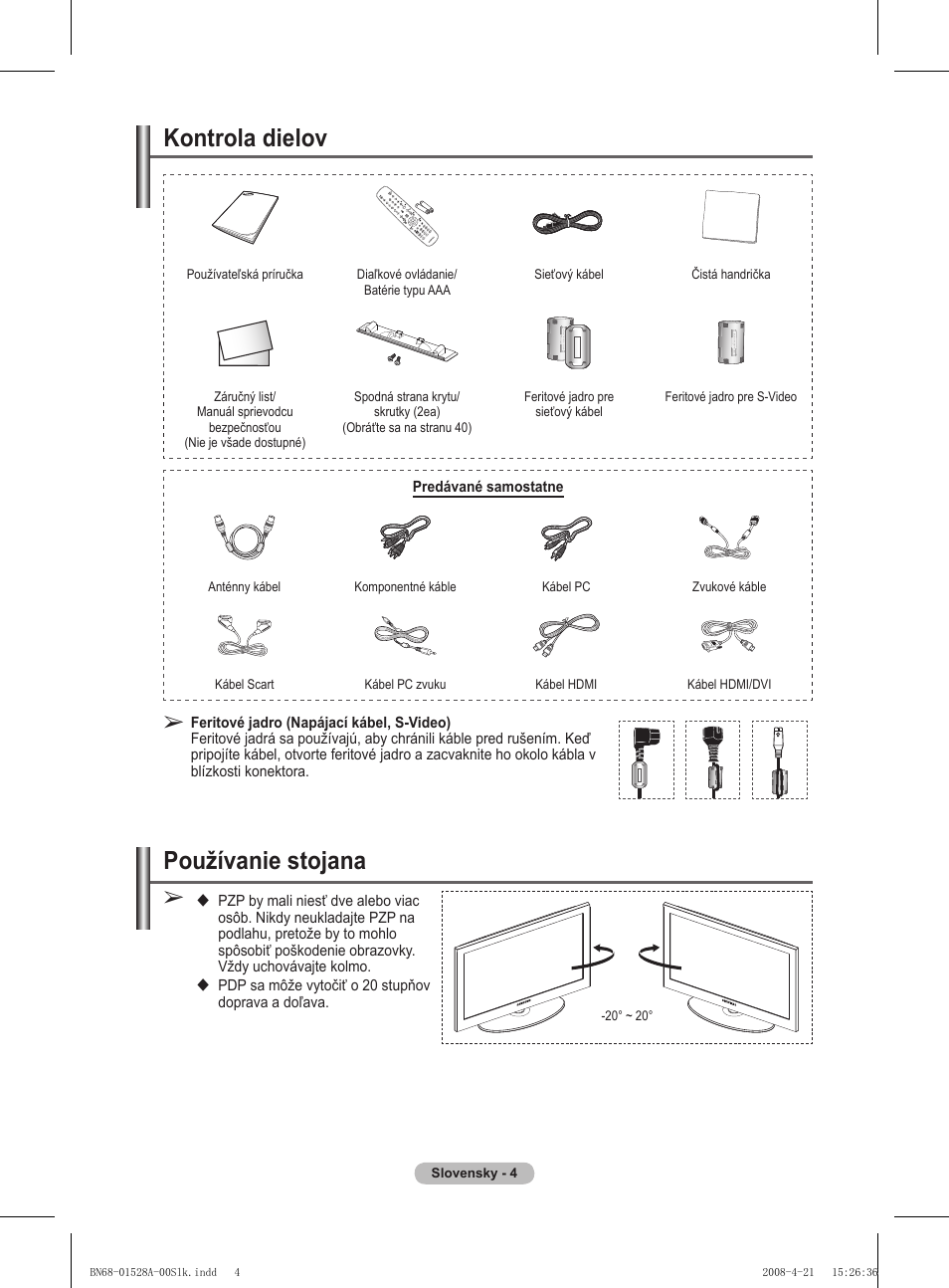 Kontrola dielov, Používanie stojana | Samsung PS50A470P1 User Manual | Page 436 / 519