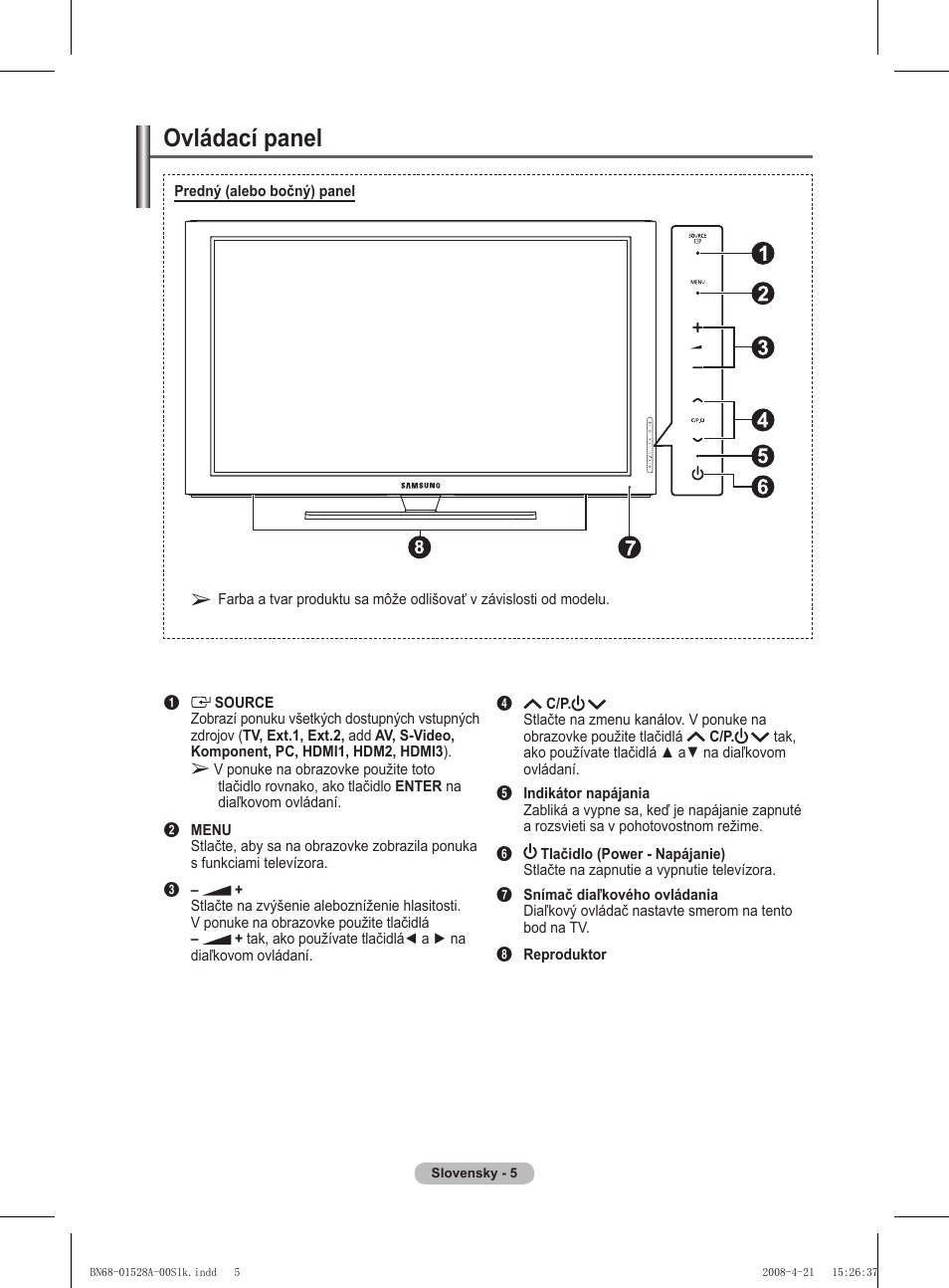 Ovládací panel | Samsung PS50A470P1 User Manual | Page 437 / 519