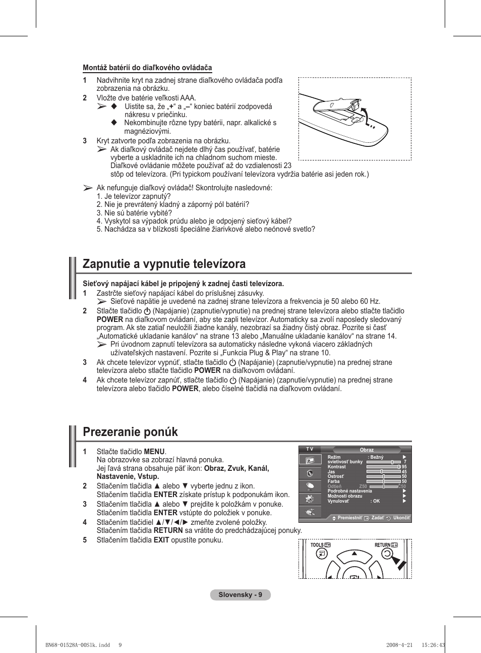 Zapnutie a vypnutie televízora, Prezeranie ponúk | Samsung PS50A470P1 User Manual | Page 441 / 519