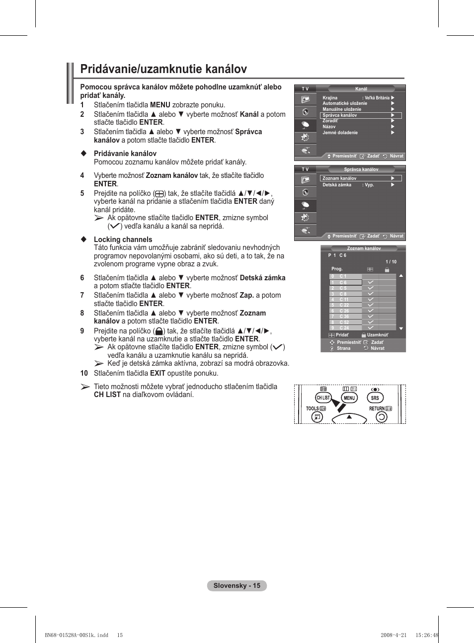 Pridávanie/uzamknutie kanálov | Samsung PS50A470P1 User Manual | Page 447 / 519