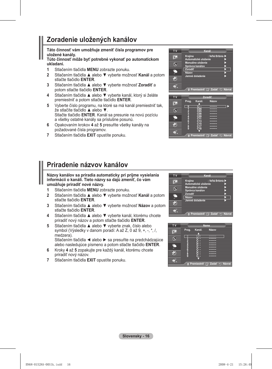 Zoradenie uložených kanálov, Priradenie názvov kanálov | Samsung PS50A470P1 User Manual | Page 448 / 519