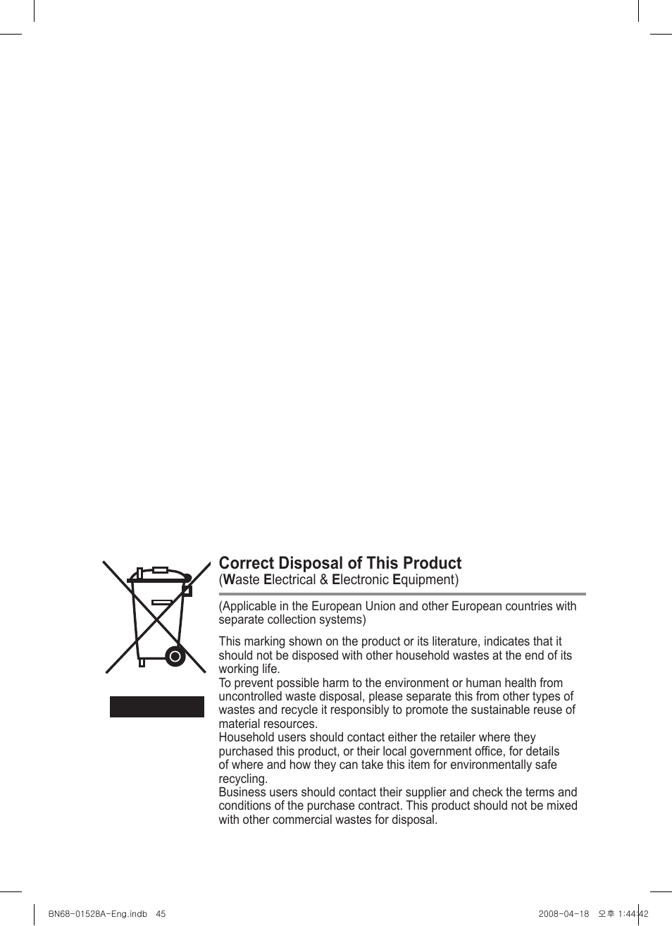 Correct disposal of this product | Samsung PS50A470P1 User Manual | Page 45 / 519