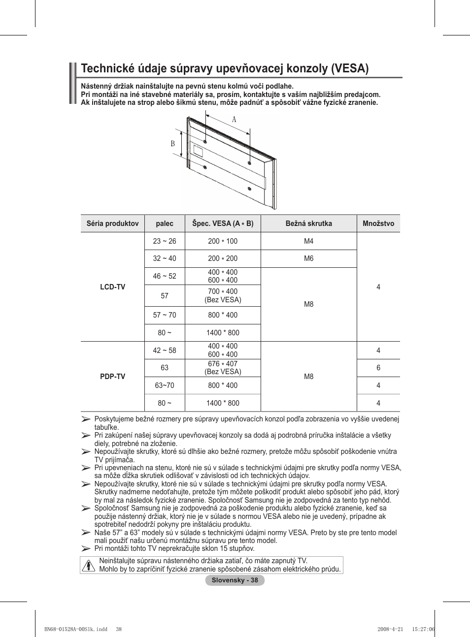 Technické údaje súpravy upevňovacej konzoly (vesa) | Samsung PS50A470P1 User Manual | Page 470 / 519