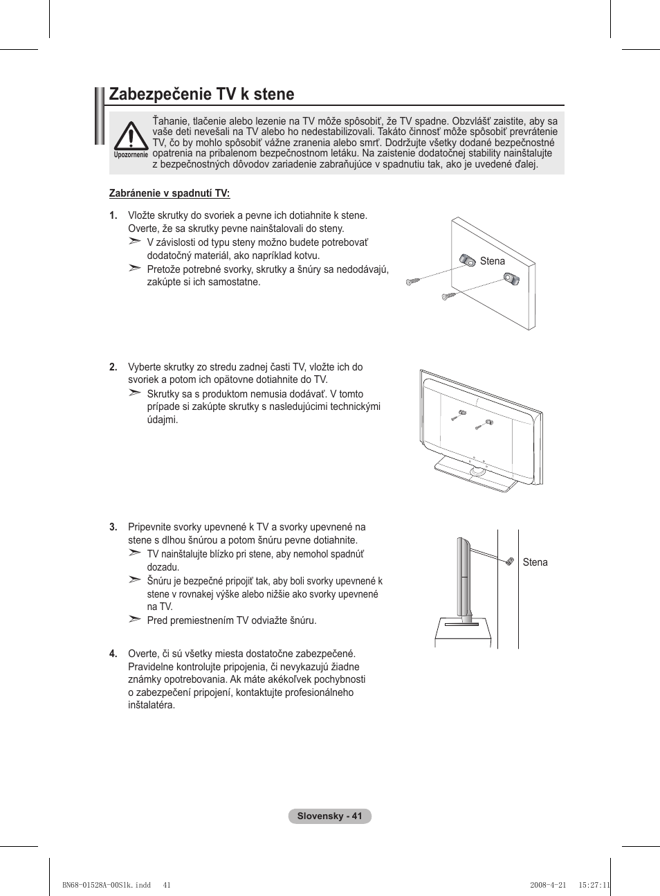 Zabezpečenie tv k stene | Samsung PS50A470P1 User Manual | Page 473 / 519