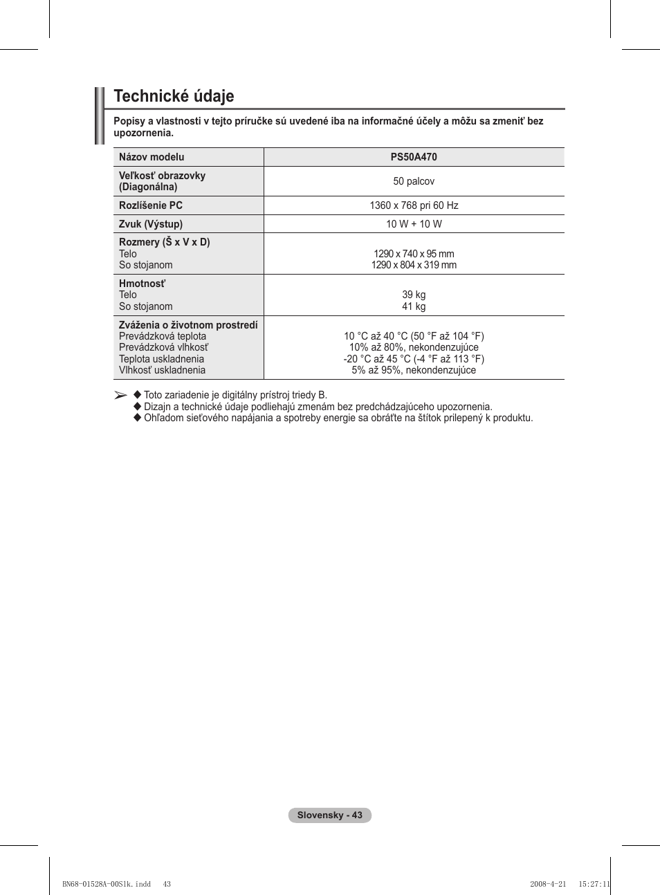 Technické údaje | Samsung PS50A470P1 User Manual | Page 475 / 519