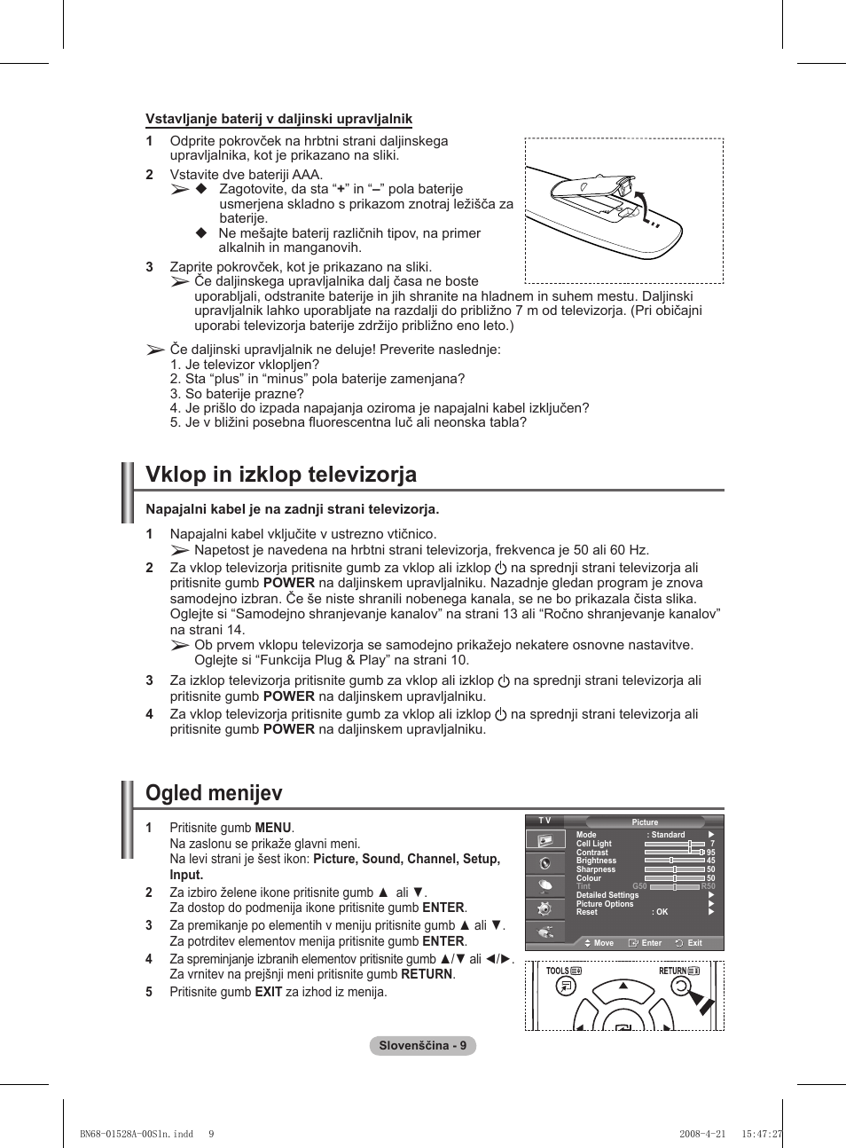 Vklop in izklop televizorja, Ogled menijev | Samsung PS50A470P1 User Manual | Page 484 / 519
