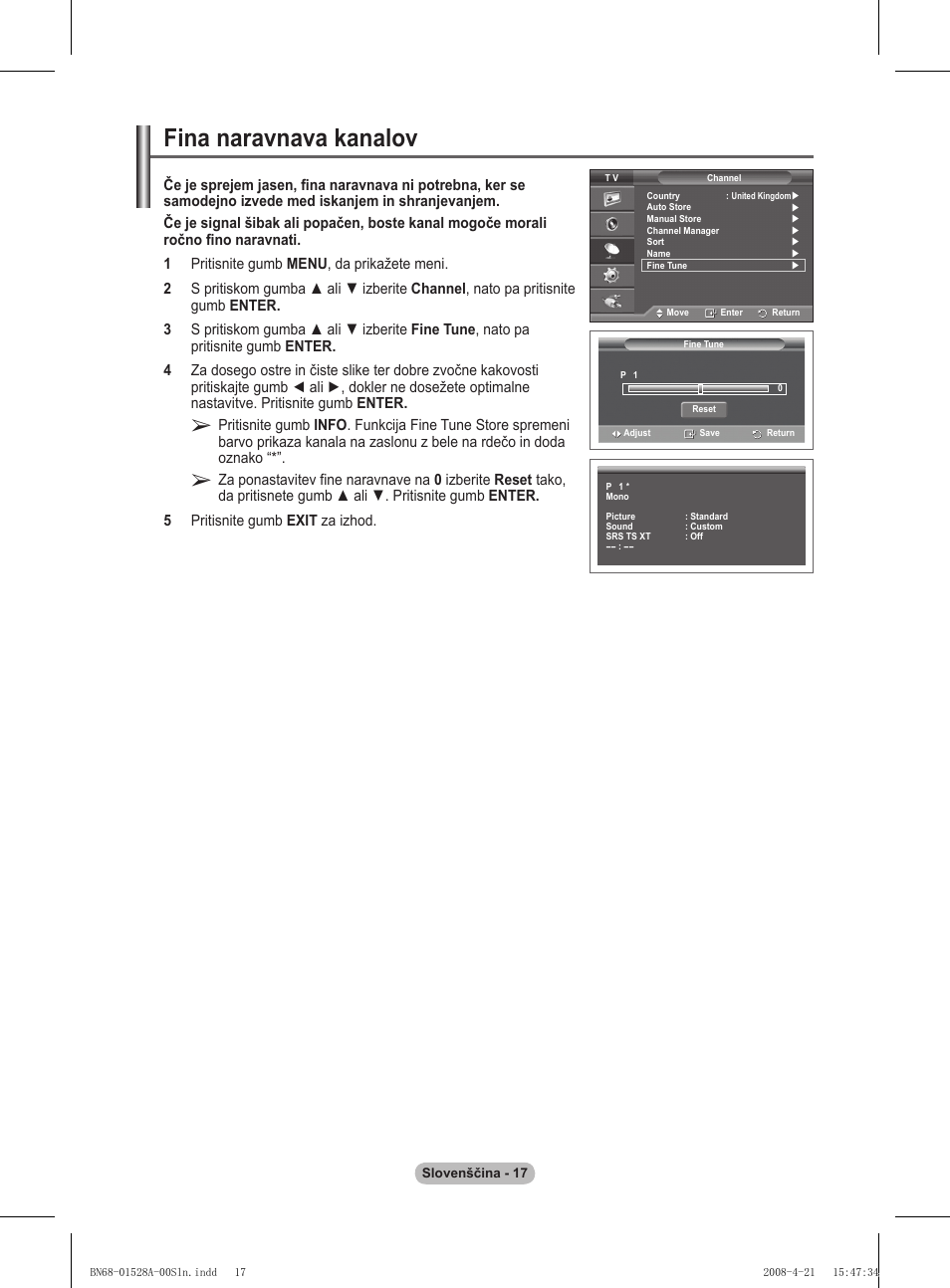 Fina naravnava kanalov | Samsung PS50A470P1 User Manual | Page 492 / 519