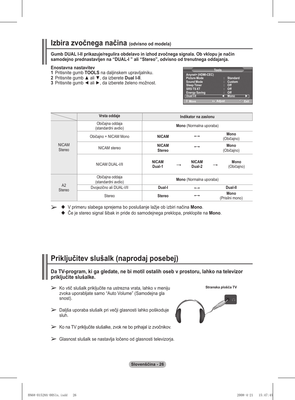 Izbira zvočnega načina, Priključitev slušalk (naprodaj posebej) | Samsung PS50A470P1 User Manual | Page 501 / 519