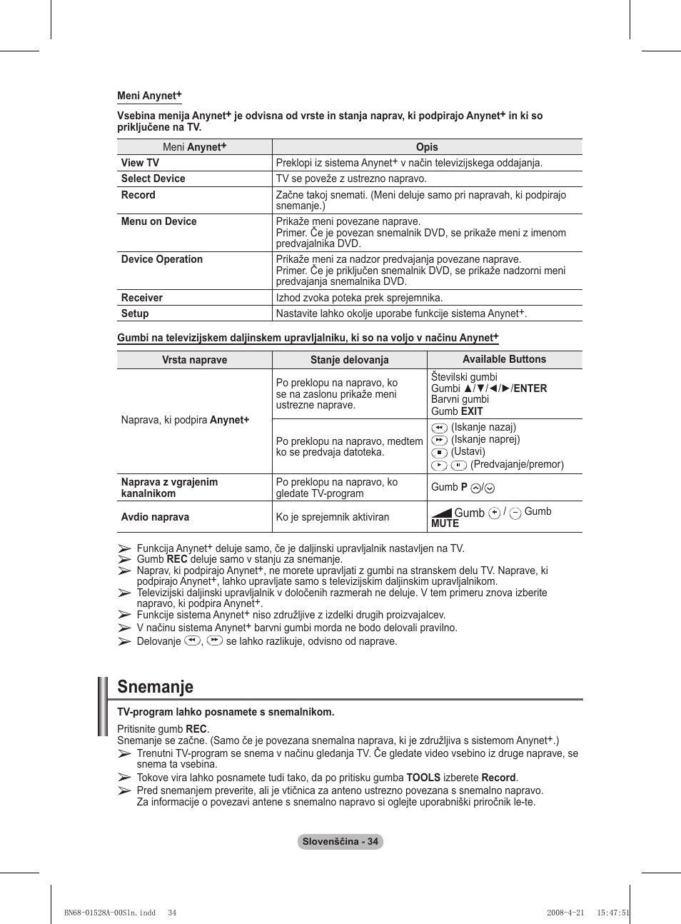 Snemanje | Samsung PS50A470P1 User Manual | Page 509 / 519