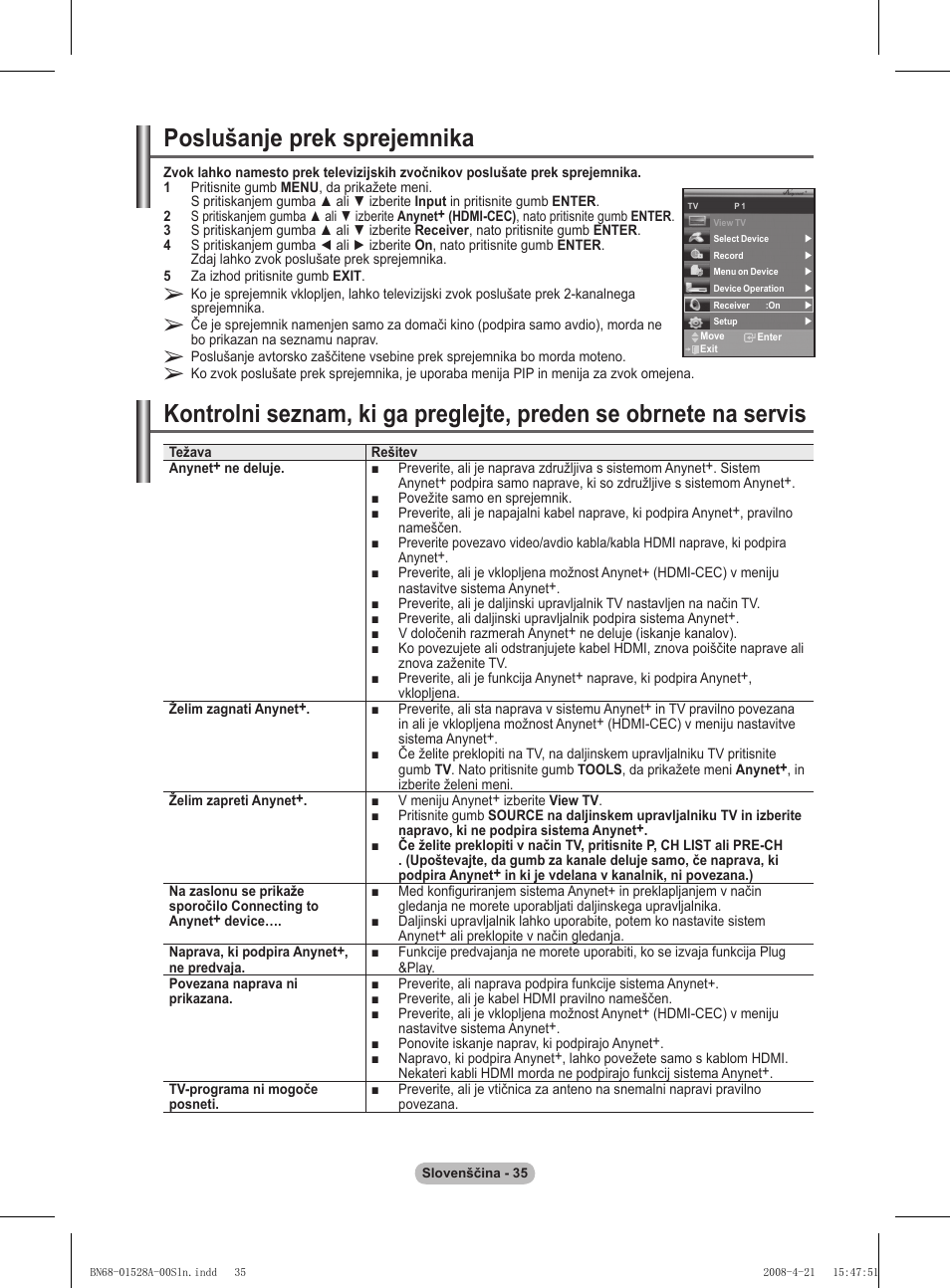 Poslušanje prek sprejemnika | Samsung PS50A470P1 User Manual | Page 510 / 519