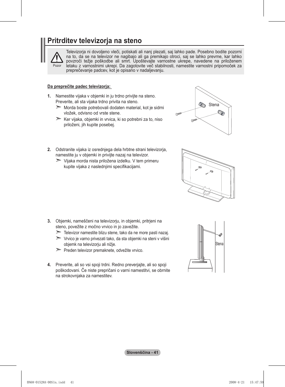 Pritrditev televizorja na steno | Samsung PS50A470P1 User Manual | Page 516 / 519