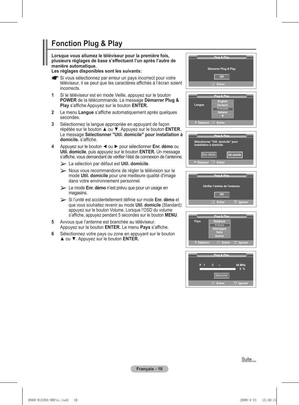 Fonction plug & play | Samsung PS50A470P1 User Manual | Page 54 / 519