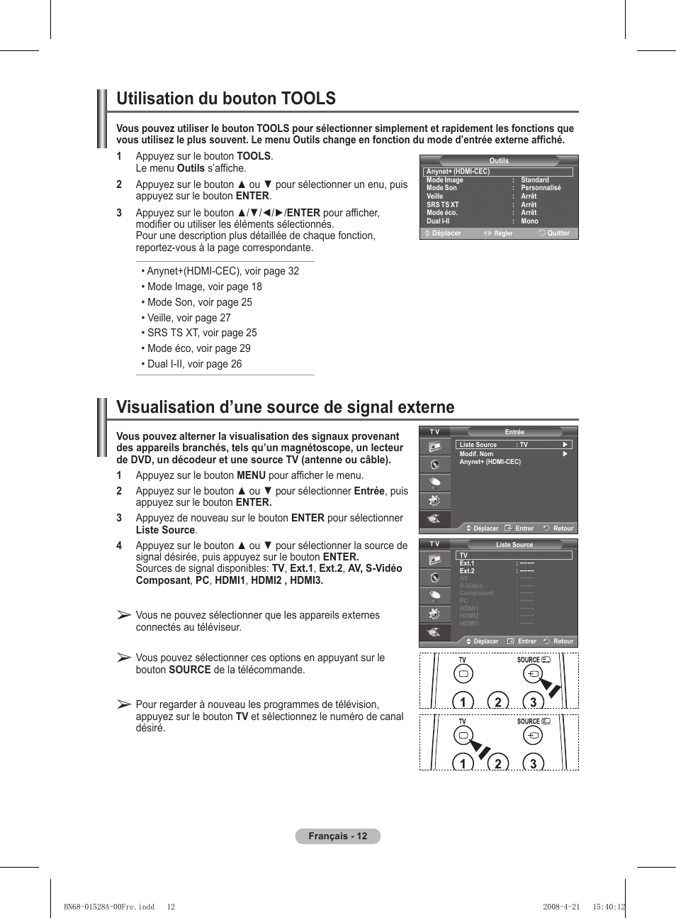 Utilisation du bouton tools, Visualisation d’une source de signal externe | Samsung PS50A470P1 User Manual | Page 56 / 519