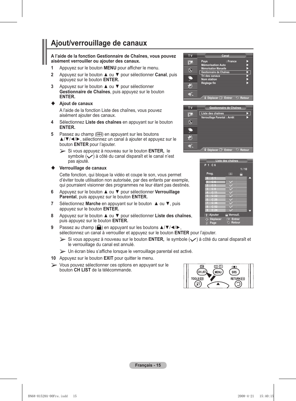 Ajout/verrouillage de canaux | Samsung PS50A470P1 User Manual | Page 59 / 519
