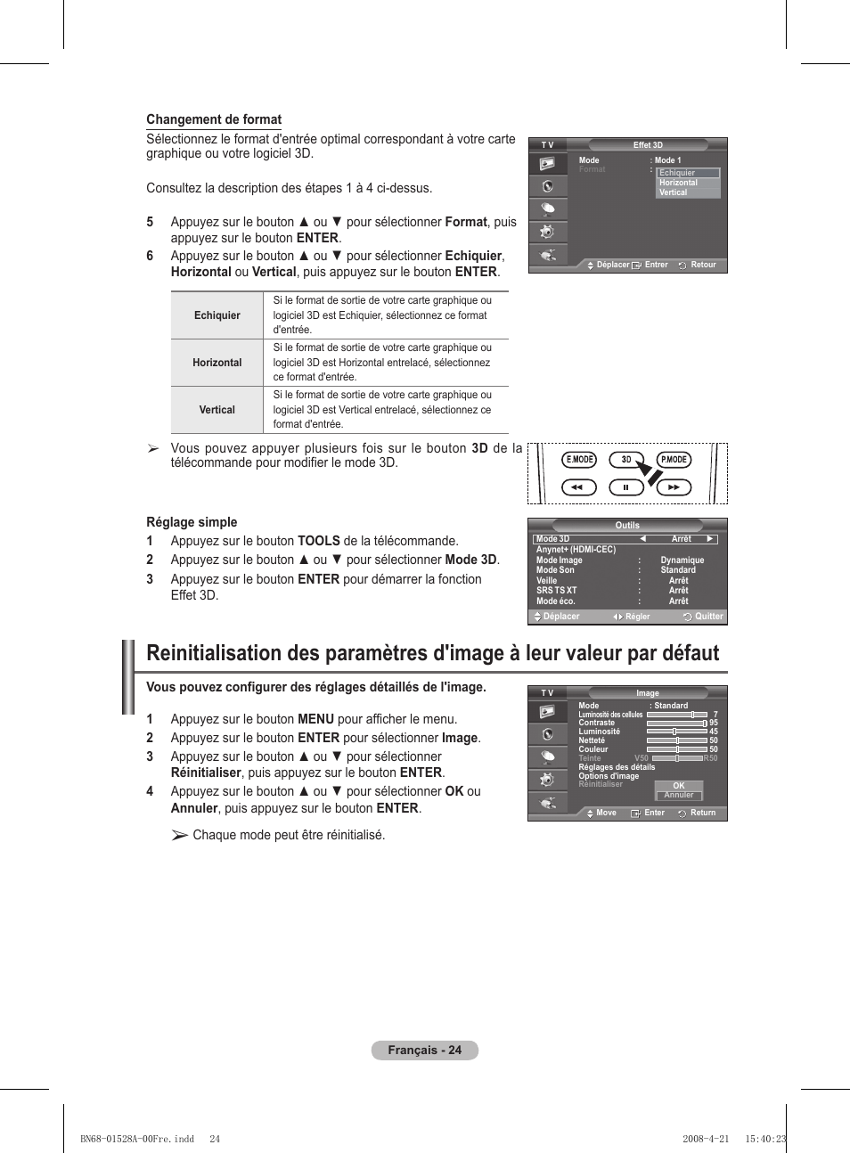 Chaque mode peut être réinitialisé | Samsung PS50A470P1 User Manual | Page 68 / 519