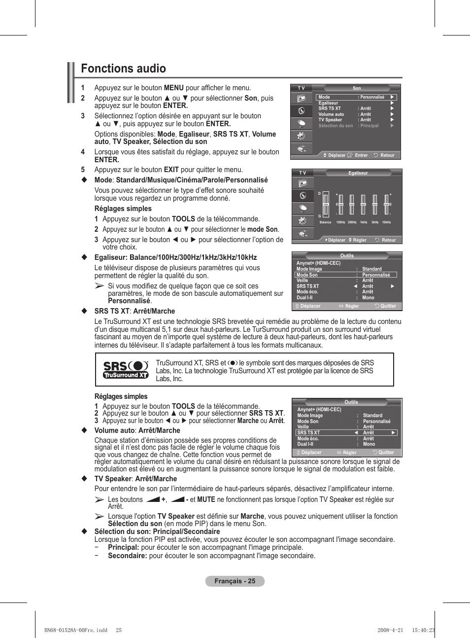Fonctions audio | Samsung PS50A470P1 User Manual | Page 69 / 519