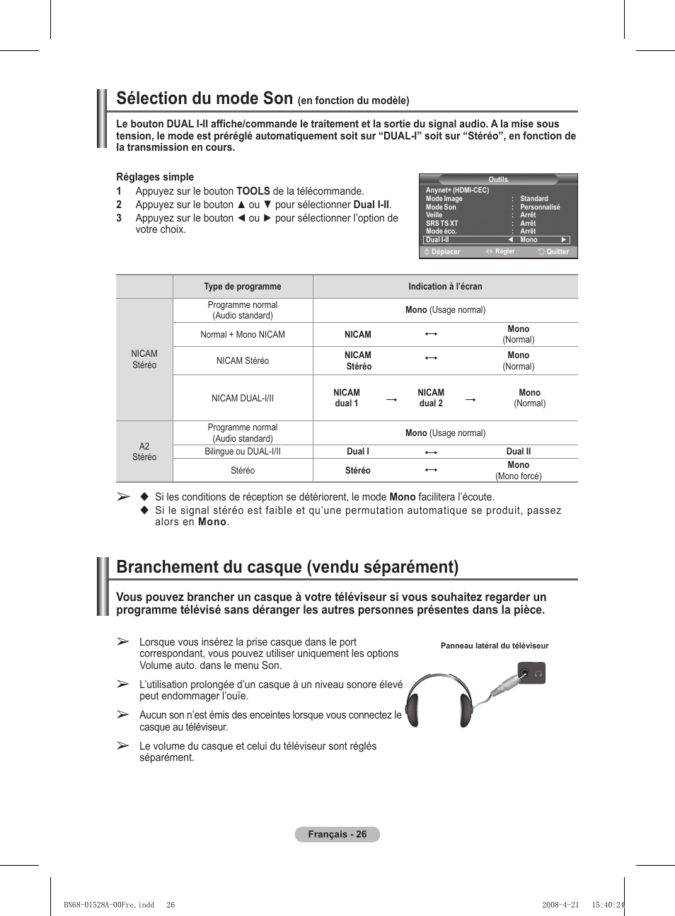 Sélection du mode son, Branchement du casque (vendu séparément) | Samsung PS50A470P1 User Manual | Page 70 / 519