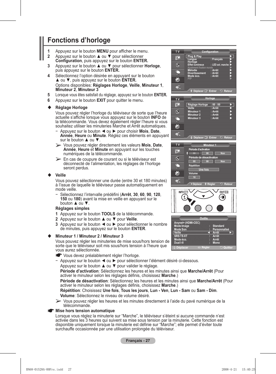Fonctions d’horloge | Samsung PS50A470P1 User Manual | Page 71 / 519