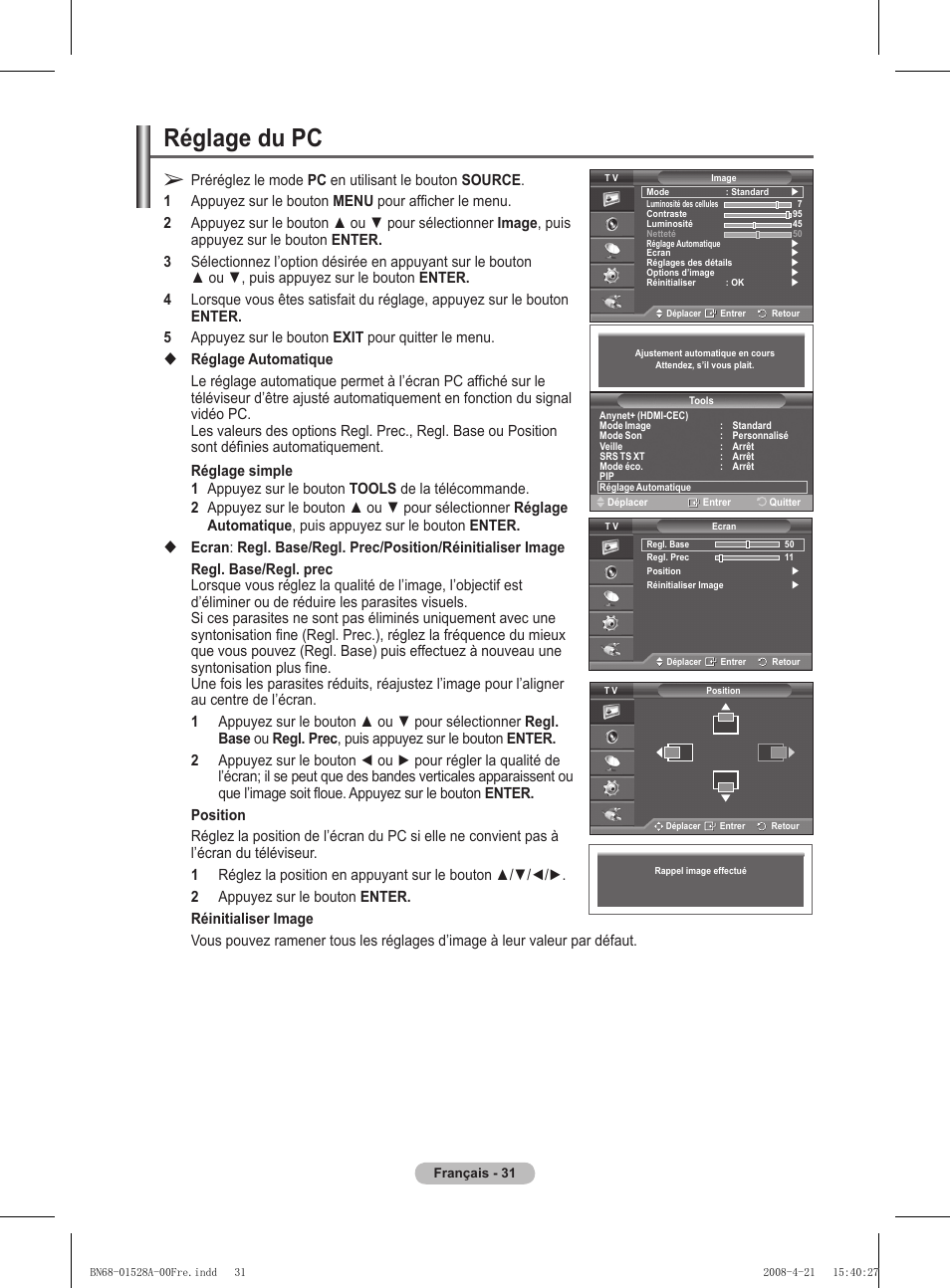 Réglage du pc | Samsung PS50A470P1 User Manual | Page 75 / 519