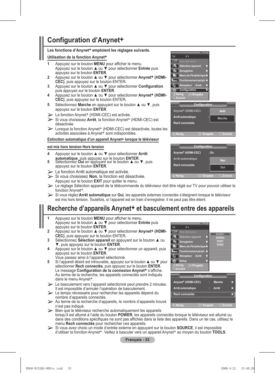 Configuration d’anynet | Samsung PS50A470P1 User Manual | Page 77 / 519