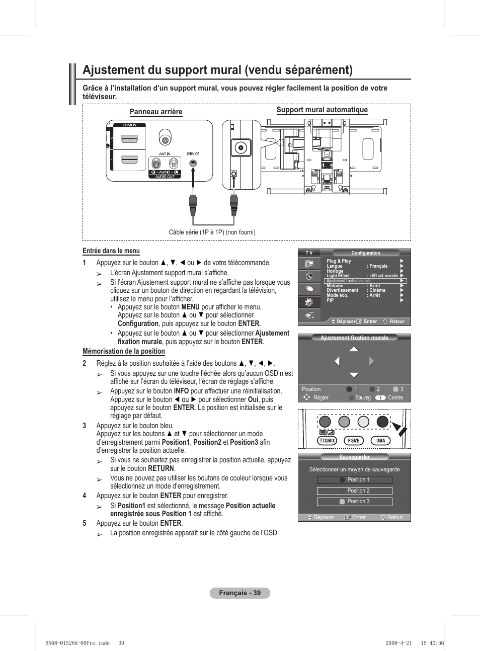 Ajustement du support mural (vendu séparément) | Samsung PS50A470P1 User Manual | Page 83 / 519