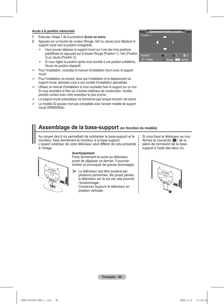 Assemblage de la base-support | Samsung PS50A470P1 User Manual | Page 84 / 519