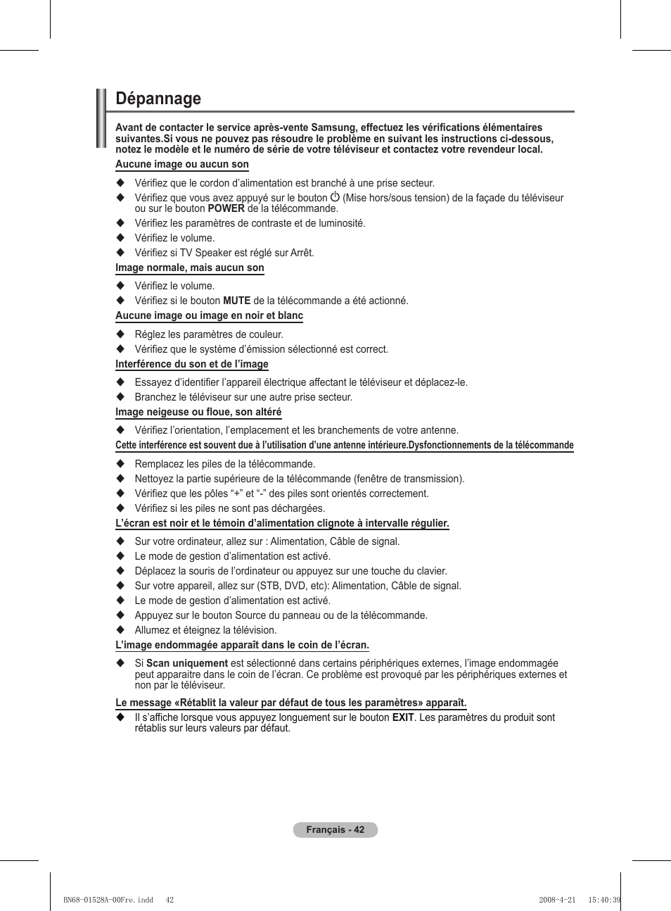 Dépannage | Samsung PS50A470P1 User Manual | Page 86 / 519