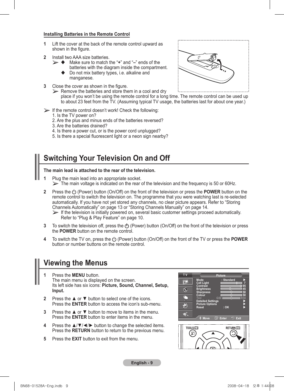 Switching your television on and off, Viewing the menus | Samsung PS50A470P1 User Manual | Page 9 / 519