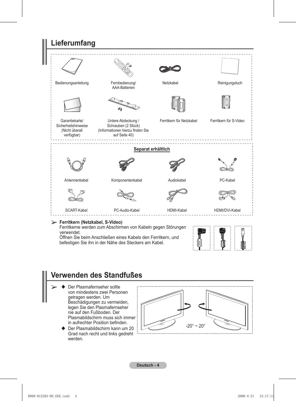 Lieferumfang, Verwenden des standfußes | Samsung PS50A470P1 User Manual | Page 91 / 519