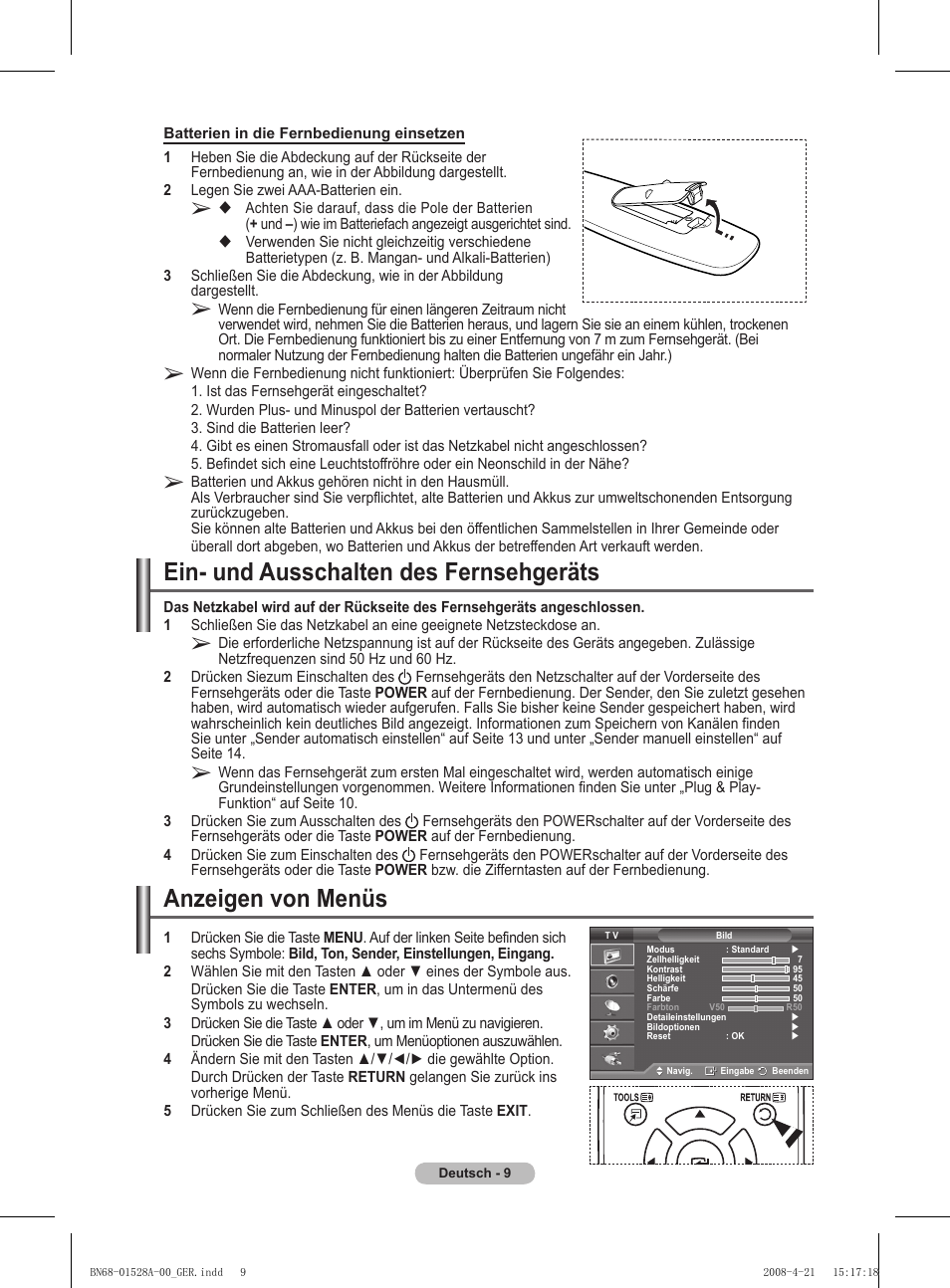 Ein- und ausschalten des fernsehgeräts, Anzeigen von menüs | Samsung PS50A470P1 User Manual | Page 96 / 519