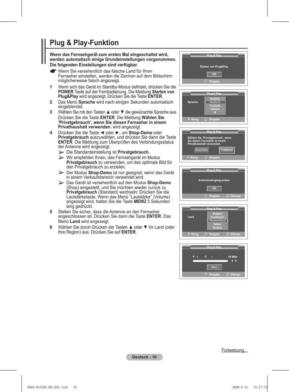 Plug & play-funktion | Samsung PS50A470P1 User Manual | Page 97 / 519