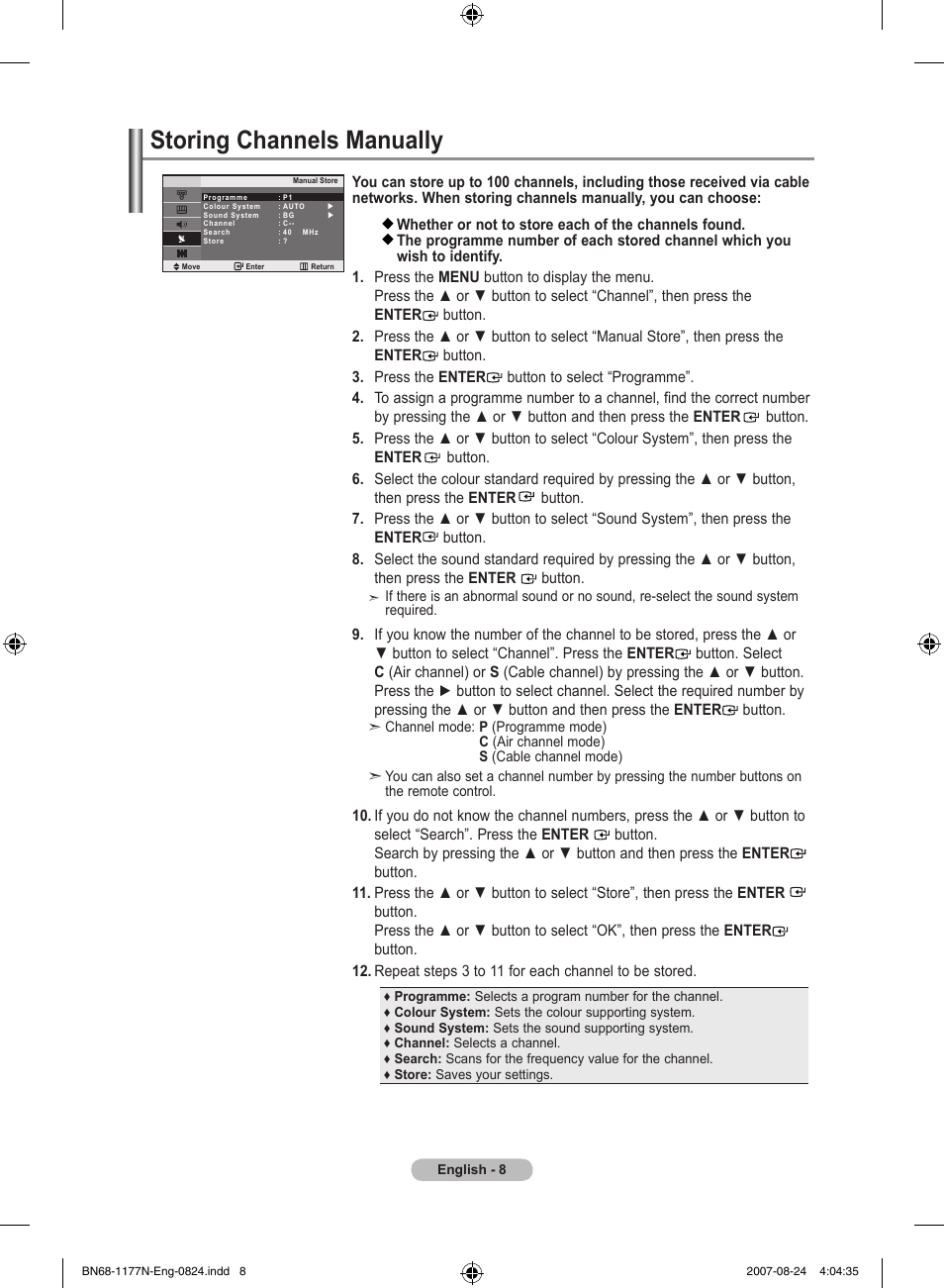 Storing channels manually | Samsung LE20S81B User Manual | Page 10 / 271