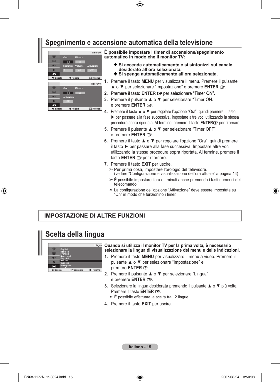 Scelta della lingua, Impostazione di altre funzioni, Premere il tasto exit per uscire | Samsung LE20S81B User Manual | Page 105 / 271
