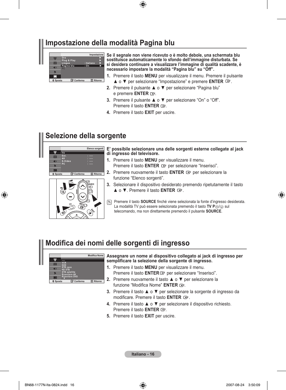 Impostazione della modalità pagina blu, Selezione della sorgente, Modifica dei nomi delle sorgenti di ingresso | Samsung LE20S81B User Manual | Page 106 / 271