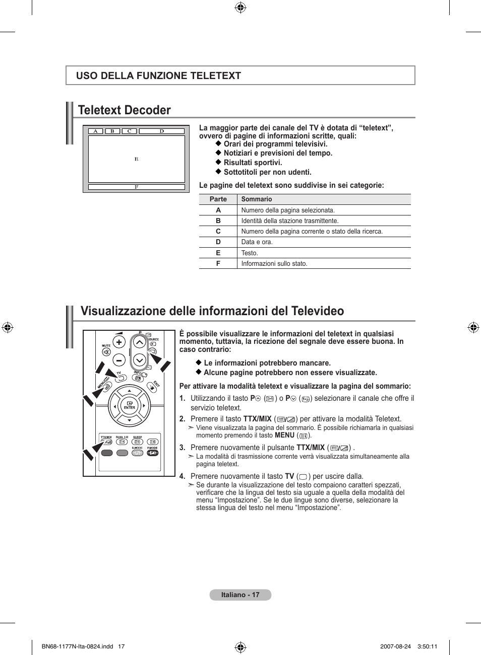 Teletext decoder, Visualizzazione delle informazioni del televideo, Uso della funzione teletext | Samsung LE20S81B User Manual | Page 107 / 271